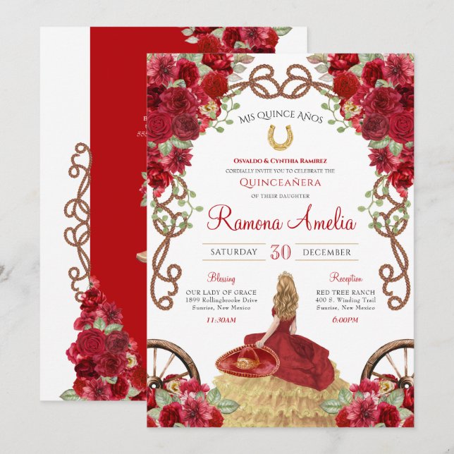 Convites Red Rustic Western Floral Charro Quinceanera (Frente/Verso)