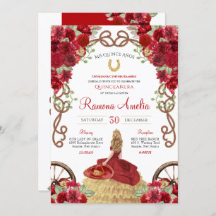 Convites Red Rustic Western Floral Charro Quinceanera