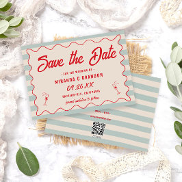 Convites Red Script Blue Lines Retro QR Code Save the Date