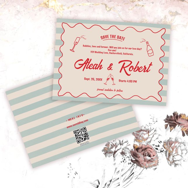 Convites Red Script Blue Lines Retro Wedding Save the Date (Criador carregado)