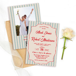 Convites Red Script Blue Stripe Retro QR Code Photo Wedding