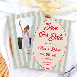 Convites Red Script Blue Stripe Vintage Retro Save the Date