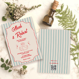 Convites Red Script Blue Stripes QR Code Retro Wedding