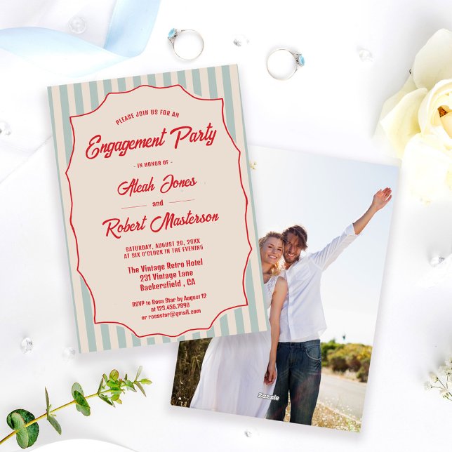 Convites Red Script Blue Stripes Retro Photo Engagement (Criador carregado)
