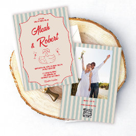 Convites Red Script Blue Stripes Retro Photo Wedding