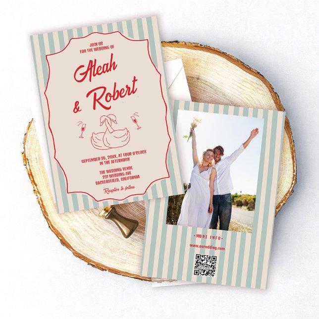 Convites Red Script Blue Stripes Retro Photo Wedding (Criador carregado)