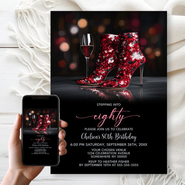 Convites Red Sequin Boots 80th Birthday Party (Criador carregado)