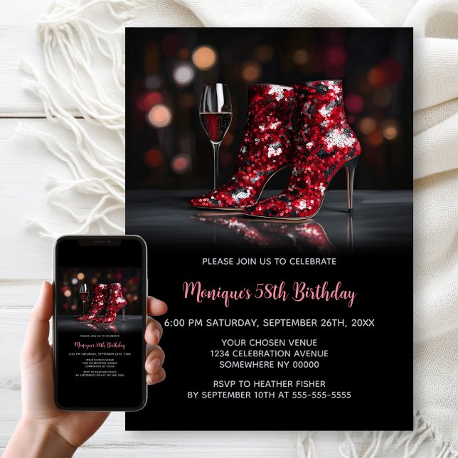 Convites Red Sequin Boots Any Age Birthday Party (Criador carregado)