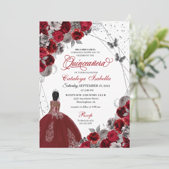 Convites Red Silver Butterfly Princess Quinceanera (Em pé/Frente)