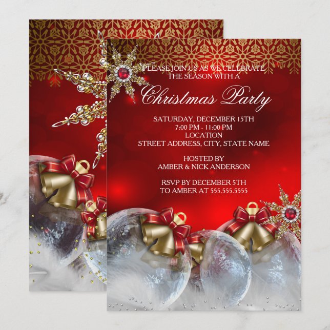 Convites Red Silver Dourado Holly Baubles Festa de Natal no (Frente/Verso)