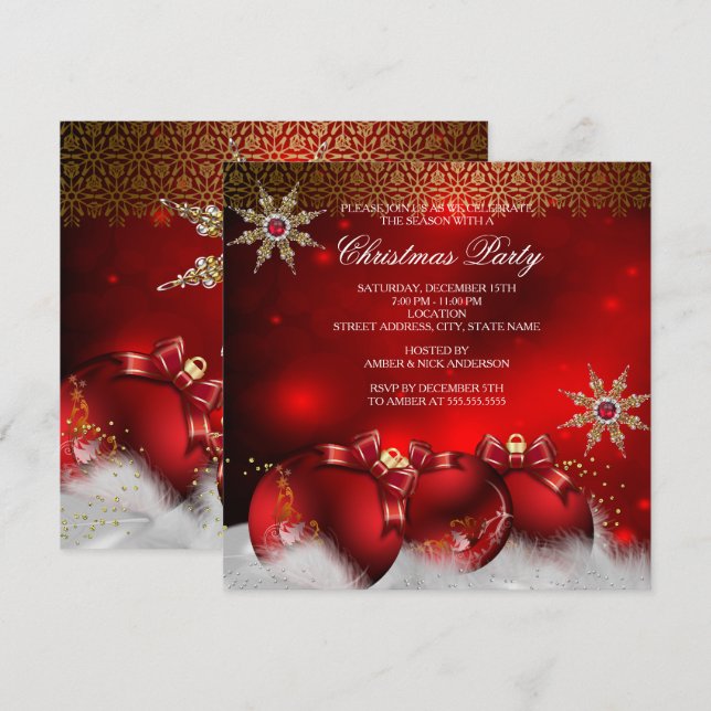 Convites Red Silver Dourado Holly Baubles Festa de Natal no (Frente/Verso)