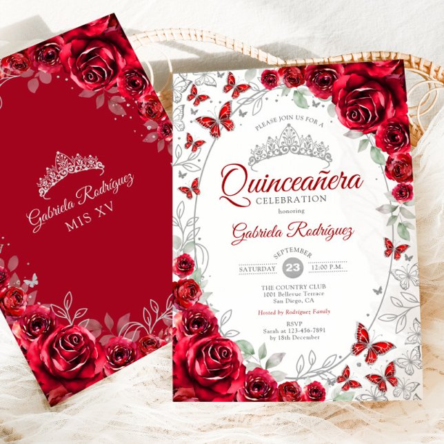 Convites Red Silver Floral Quinceanera (Criador carregado)