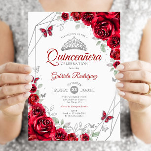 Convites Red Silver Floral Quinceanera