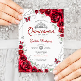 Convites Red Silver Floral Quinceanera