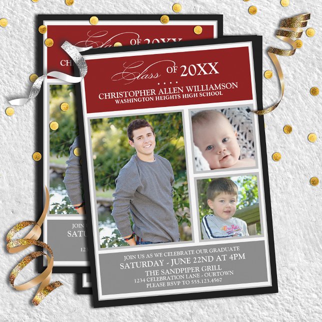 Convites Red|Silver Photo Festa de formatura (Criador carregado)