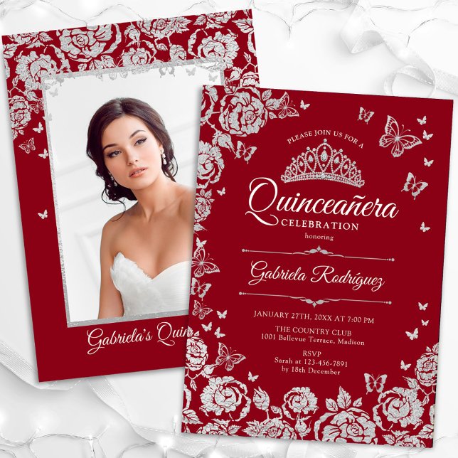 Convites Red Silver Rosa Borboletas Quinceanera Foto (Criador carregado)