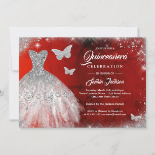 Convites Red Silver Sparkle Butterfly Quinceanera