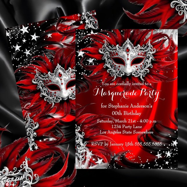 Convites Red Silver Sparkle Magical Night Masquerade Party (Criador carregado)