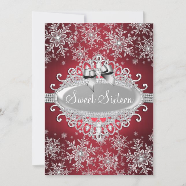 Convites Red Silver Sparkle Snowflake Sweet 16 Invite (Frente)