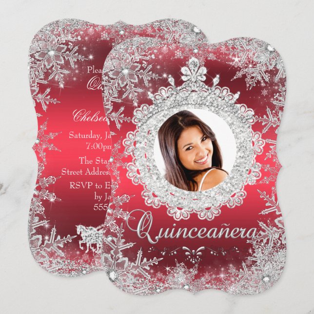 Convites Red Silver Tiara Snowflakle Quinceanera (Frente/Verso)