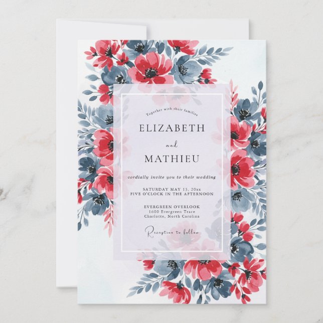 Convites Red Slate Blue Dramatic Floral Wedding (Frente)