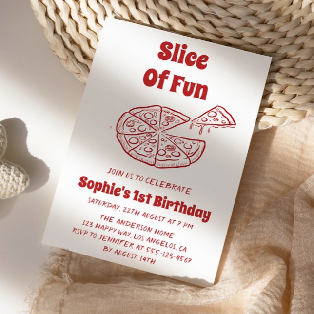 Convites Red Slice of Fun Pizza First Birthday Party   (Criador carregado)