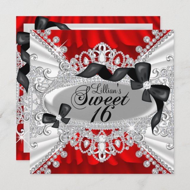 Convites Red Sparkle Diamond e Arco Sweet 16 Invite (Frente/Verso)