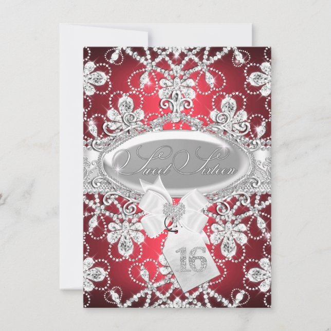 Convites Red Sparkle Diamond Tiara Princess Sweet 16 Invite (Frente)