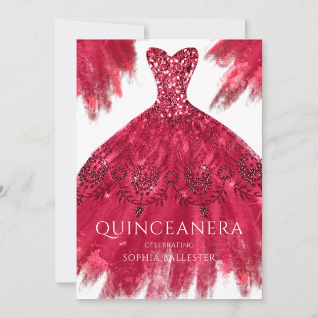 Convites Red Sparkle Gown Elegante Quinceanera (Frente)