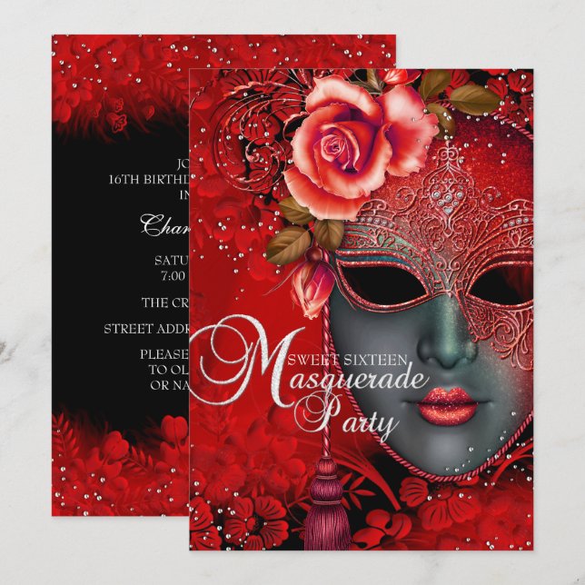 Convites Red Sparkle Mask Mascarada Sweet 16 Invite (Frente/Verso)