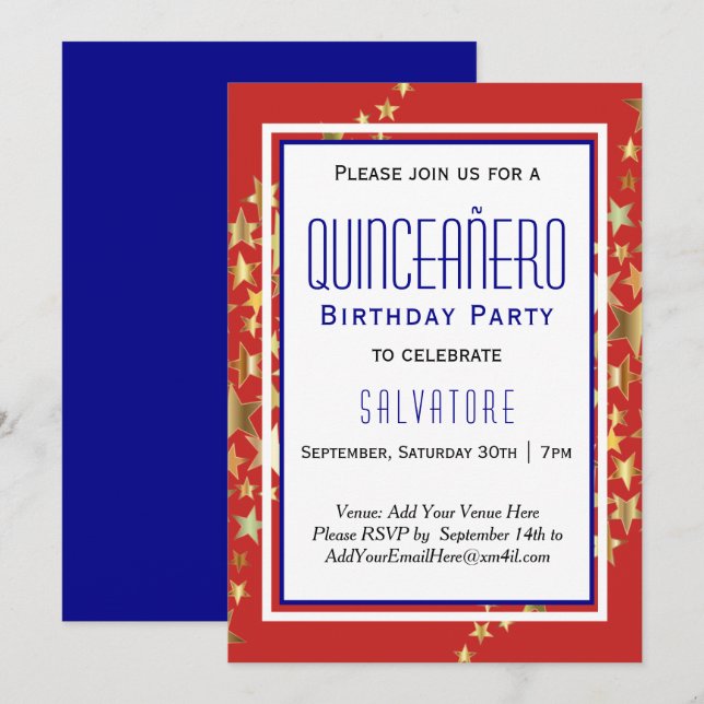 Convites Red Stars Quinceañero 15 Birthday BOY (Frente/Verso)