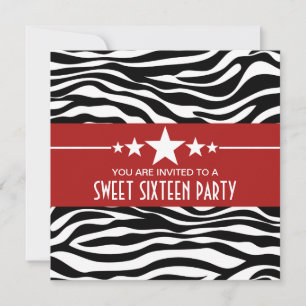 Convites Red Stars Zebra Print Sweet 16 Invite