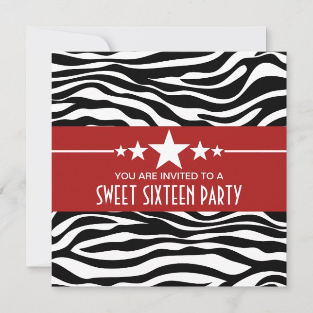 Convites Red Stars Zebra Print Sweet 16 Invite (Frente)