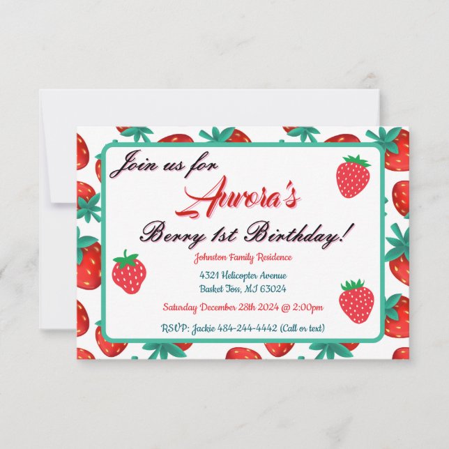 Convites Red Strawberry Berry Primeira Festa de aniversário (Frente)
