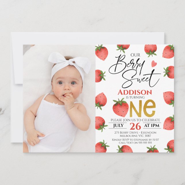 Convites Red Strawberry Berry Sweet Foto Primeiro Aniversár (Frente)