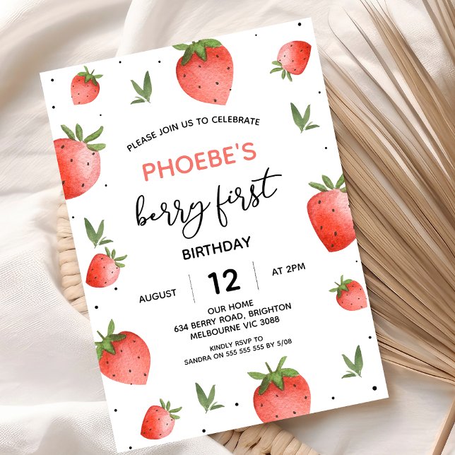 Convites Red Strawberry Foliage Berry Primeiro Aniversário (Girls Berry First Birthday Invitation, Modern Strawberry First Birthday Invitation, Summer Berries)