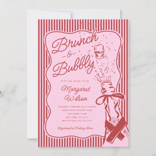Convites Red Stripe Bow Brunch and Bubbly Bridal Shower (Frente)