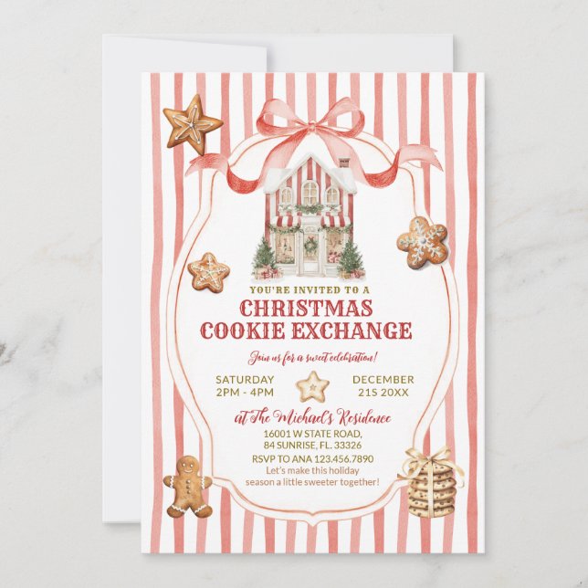 Convites Red Stripes Bow Gingerbread House Cookies Exchange (Frente)