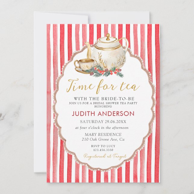 Convites Red Stripes Christmas Tea Party Bridal Shower  (Frente)