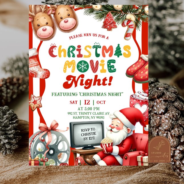 Convites Red Stripes Fun Retro Christmas Movie Night Party (Criador carregado)