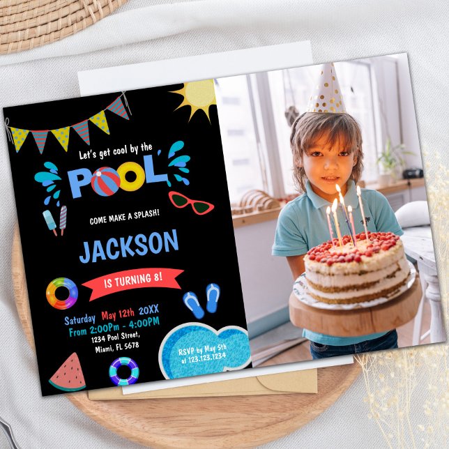 Convites Red Sunglass Piscina Invasões de Aniversário com f (Red Sunglass Pool Birthday Invitations w photo)