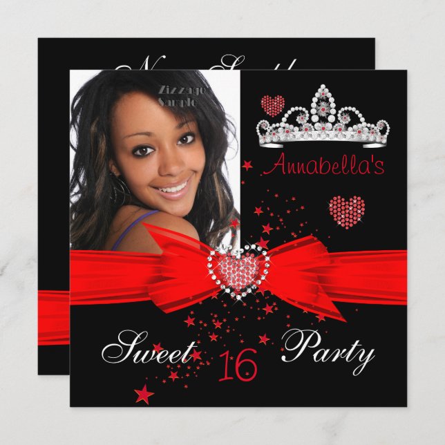 Convites Red Sweet 16 Birthday Diamond Tiara Foto (Frente/Verso)