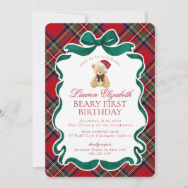 Convites Red Tartan Plaid Christmas Beary First Birthday