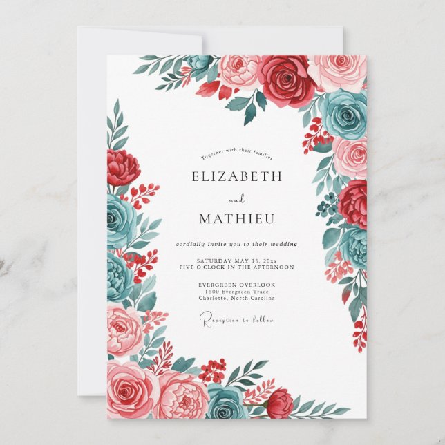 Convites Red Teal Gracious Botanical Wedding (Frente)