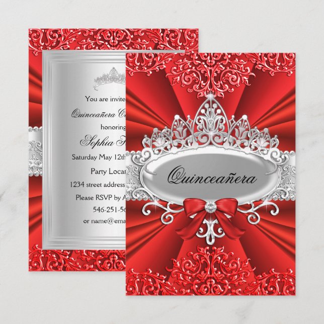 Convites Red Tiara & Damask Quinceanera Invite (Frente/Verso)