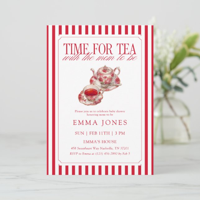 Convites Red Time for tea tea party baby shower (Em pé/Frente)
