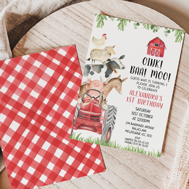 Convites Red Trator Farm Animais Oink Baa Moo primeiro aniv (Cute red tractor and farm animals first birthday invitation featuring some cute farmyard animals.)
