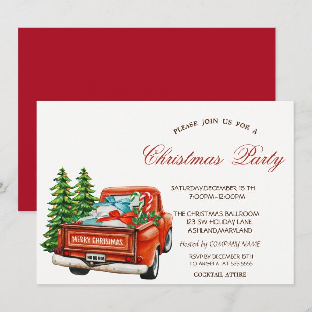 Convites Red Truck Pine Festa de Natal (Frente/Verso)