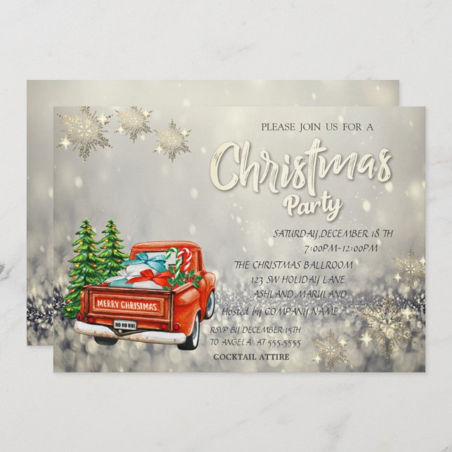 Convites Red Truck Pine Trees Bokeh Snowflakes Natal (Frente/Verso)