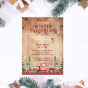 Convites Red Truck Rustic Winter Onederland Birthday
